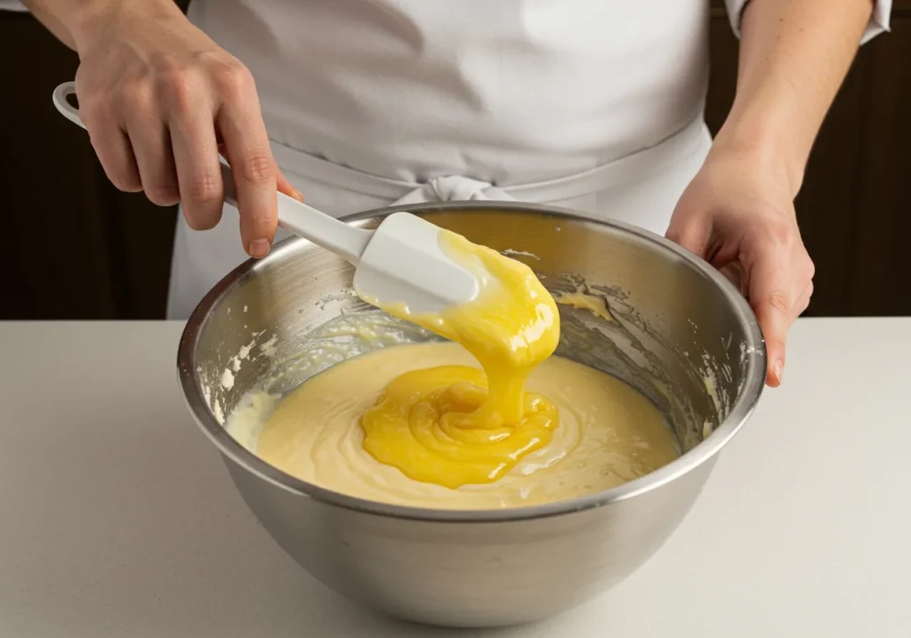 Drizzling melted butter over batter and gently folding it in with a spatula.