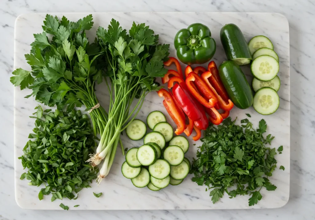 Fresh vegetables and herbs on a marble cutting board.