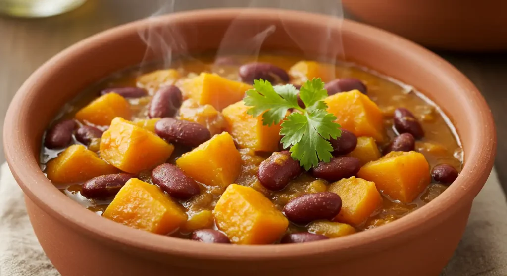 A bowl of finished spiced squash and kidney bean soup topped with fresh cilantro, green onions, and crispy tortilla strips for extra flavor and texture.