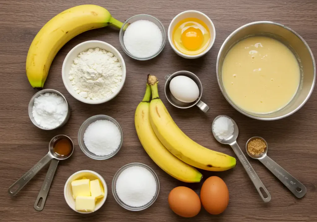 Ingredients for banana bread laid out: ripe bananas, flour, sugar, eggs, and butter on a clean countertop, ready for baking.