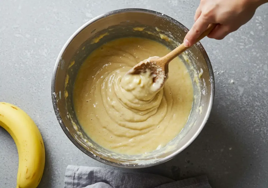 Banana bread batter being gently mixed, with bananas mashed by hand on the side for a chunkier texture, and the flour being folded in carefully to avoid overmixing.