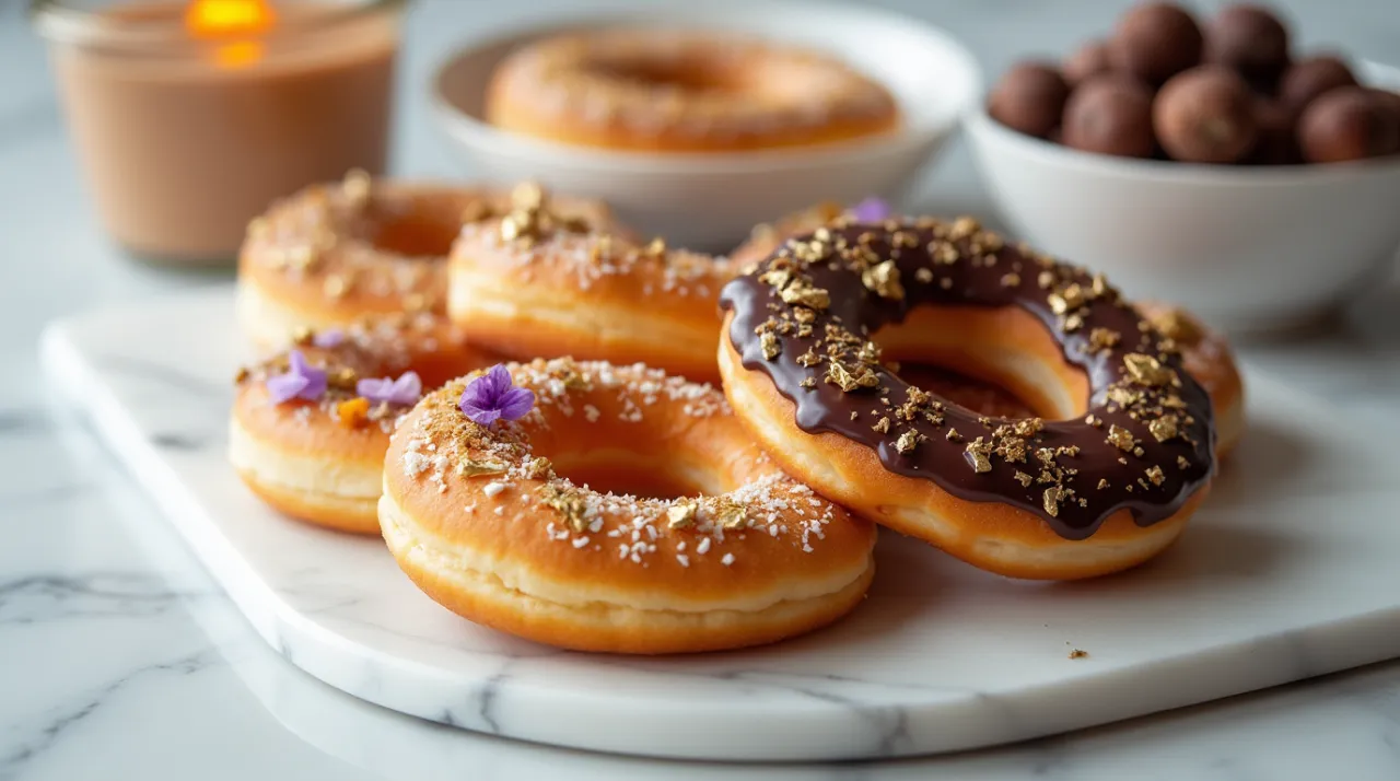 Selection of gourmet donuts with various toppings on a white marble platter.