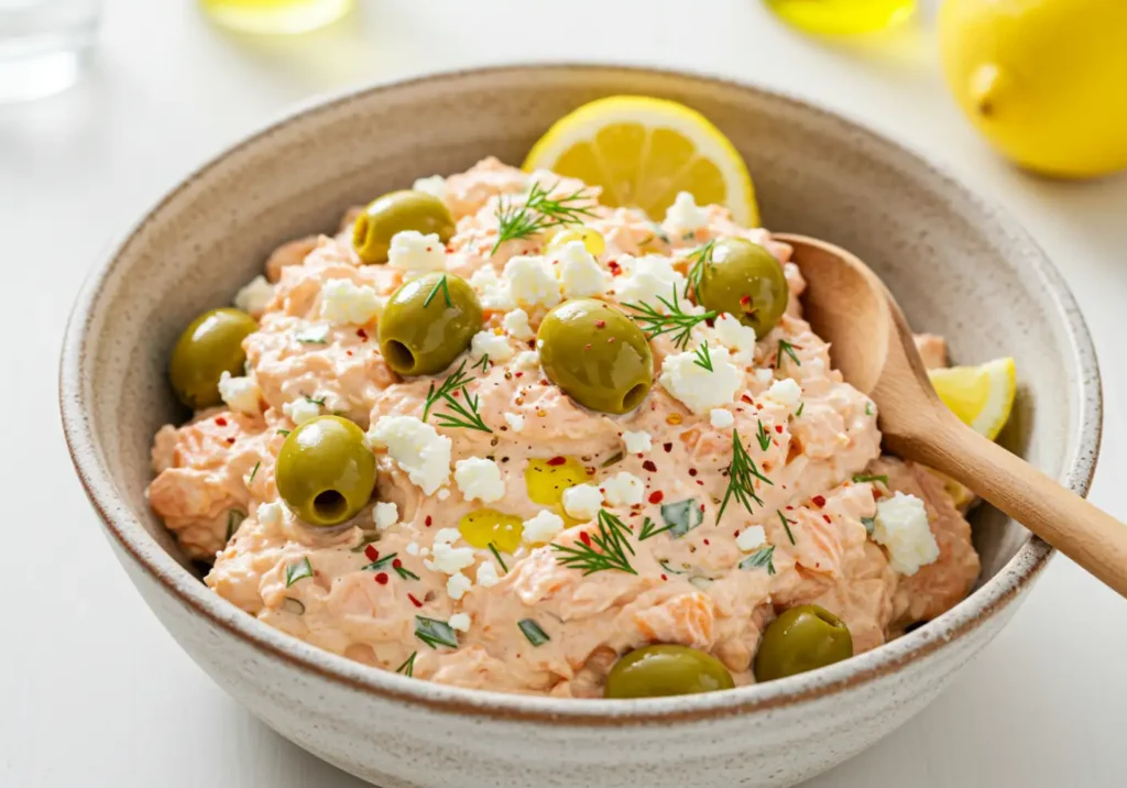 A vibrant Greek-style salad with canned salmon, crumbled feta, Kalamata olives, cucumbers, cherry tomatoes, and red onions, drizzled with olive oil and lemon juice.