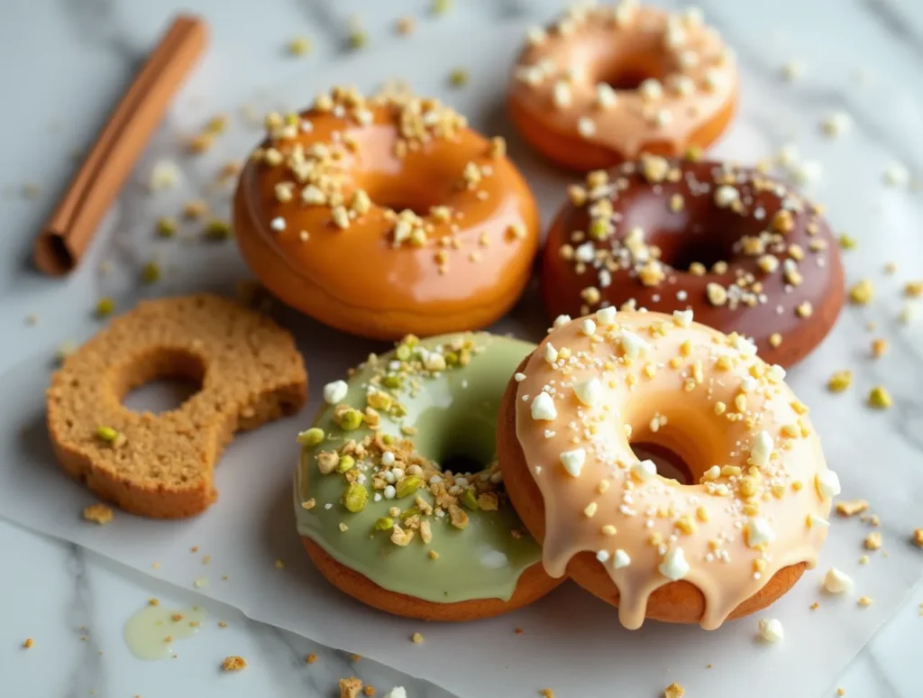 Innovative gourmet donuts with Matcha Pistachio and Pumpkin Spice flavors on a white marble surface.