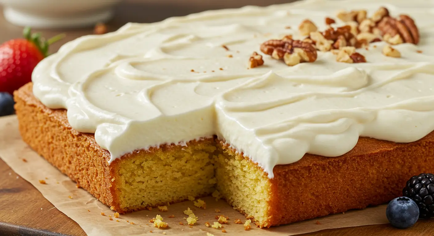 Freshly baked kefir sheet cake with a golden-brown crust, perfect for any occasion.