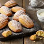 Madeleine cookies fresh out of the oven with a light golden brown color, showcasing their signature shell shape.