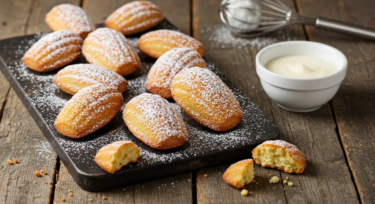 Madeleine cookies fresh out of the oven with a light golden brown color, showcasing their signature shell shape.