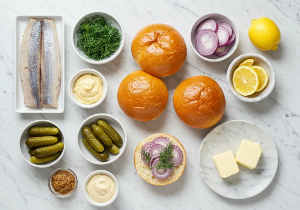 Ingredients for Matjesbrötchen recipe arranged on a white marble surface, including fresh herring, onions, pickles, and dill.