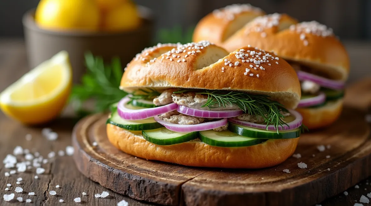 A freshly made Matjesbrötchen sandwich with creamy herring fillets, pickles, and dill on a white marble surface.