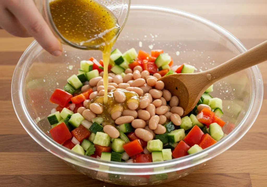 Mixing beans, veggies, and homemade dressing in a large bowl for a fresh salad.