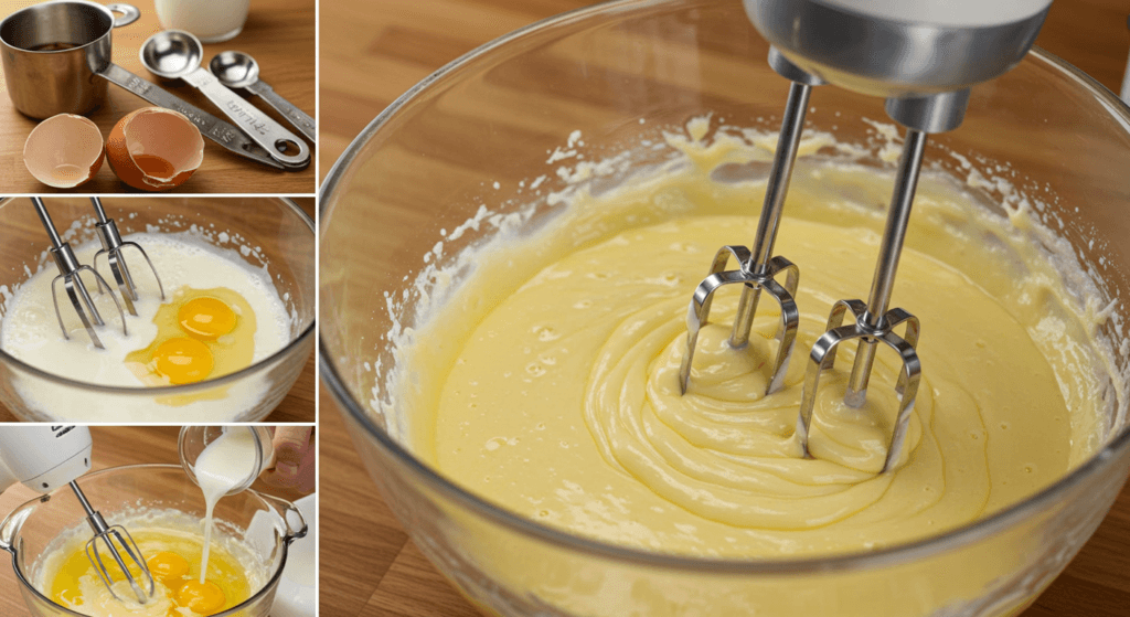 A mixing bowl with eggs, milk, oil, and vanilla being whisked together, with boiling water slowly poured in.