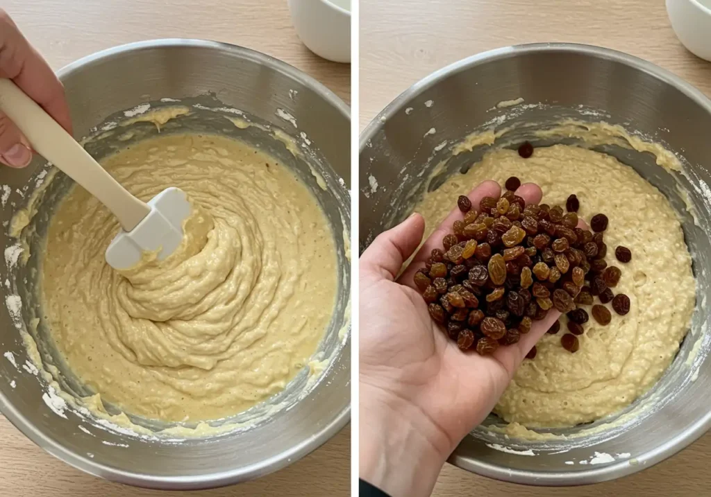 Mixing wet ingredients into dry ingredients with raisins added to the batter.