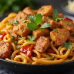 Close up of a plate of pasta and vegetarian chicken