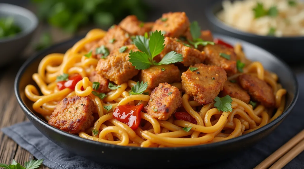 Close up of a plate of pasta and vegetarian chicken