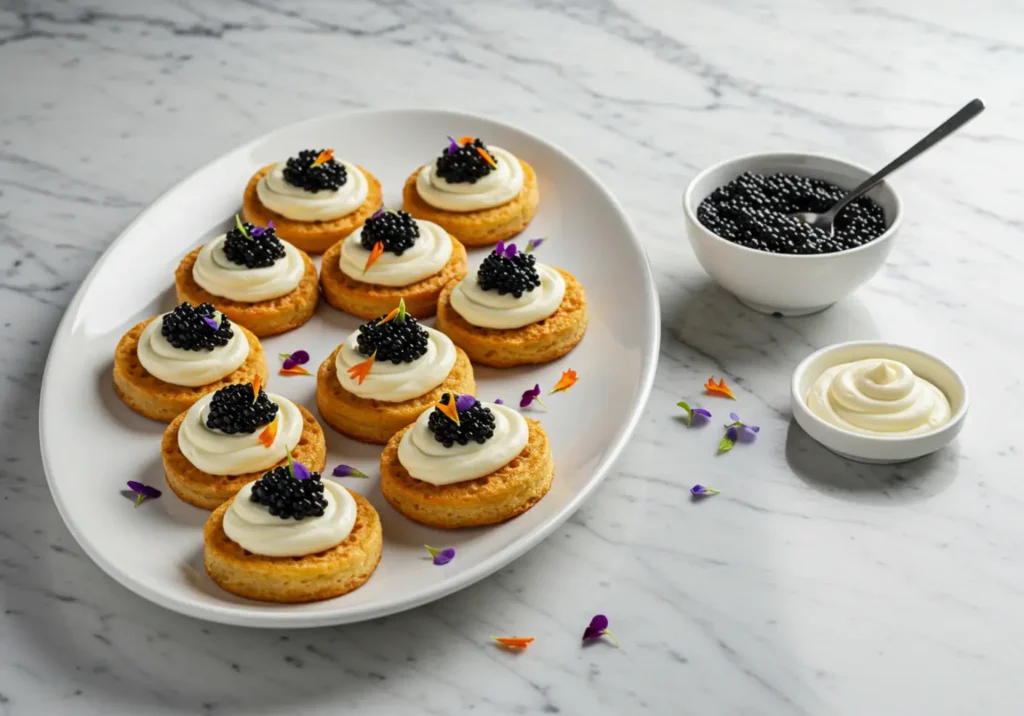 Plated crumpets with caviar, garnished with edible flowers and served with a mother-of-pearl spoon.