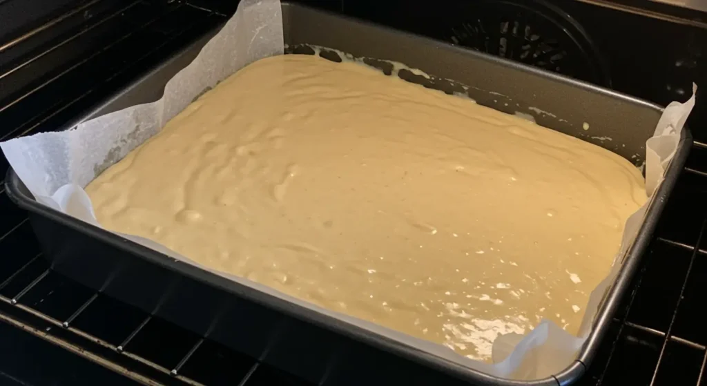 Pouring batter into a prepared baking pan and spreading it evenly before baking.