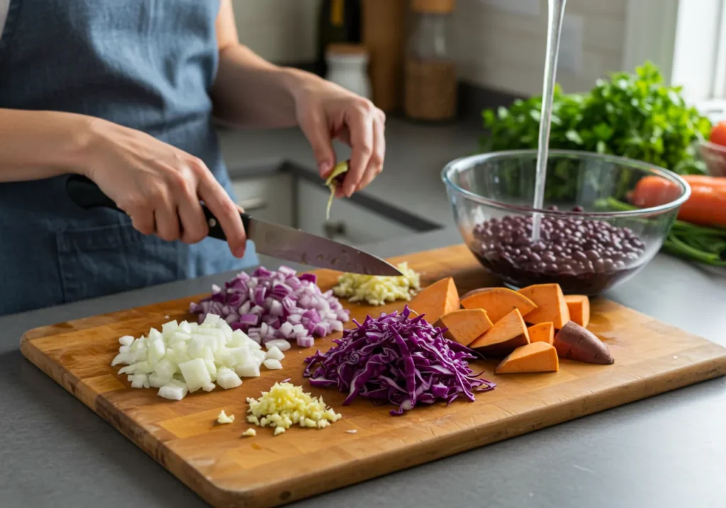 Cozy kitchen with a chopping board displaying diced onions, minced garlic, shredded purple cabbage, and sweet potatoes