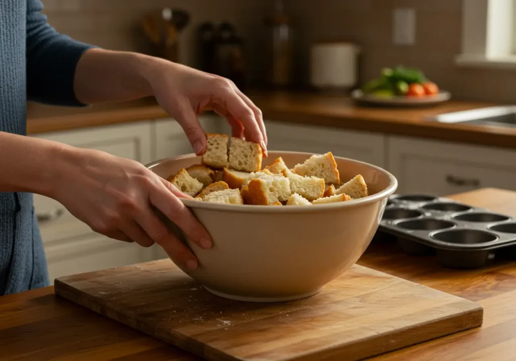 Cubed bread in a large mixing bowl, ready for preparation, with a greased 12-cup muffin tin and an oven preheated to 350°F (175°C) in the background.