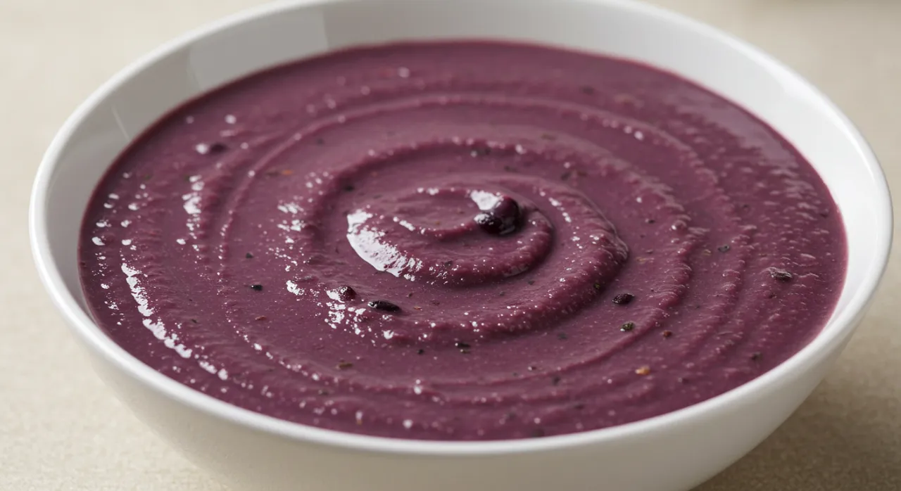 A vibrant bowl of purple black bean soup garnished with fresh cilantro and lime wedges, served in a rustic ceramic bowl.