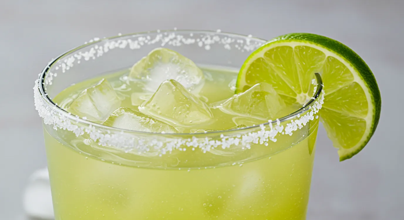 A refreshing margarita mix in a glass jar with limes, salt, and fresh mint for garnish.