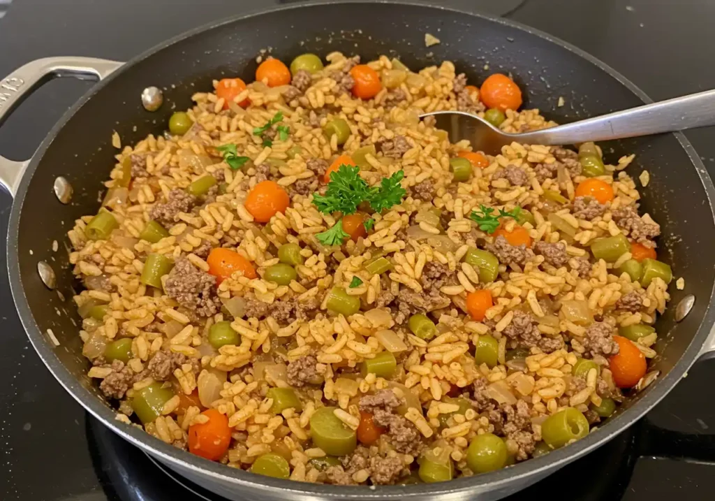 Fluffy dirty rice with ground beef garnished with fresh parsley in a skillet.