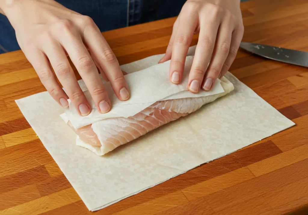 Fresh fish fillet being rinsed under cold water and patted dry with paper towels, ensuring a clean and prepared surface for cooking.