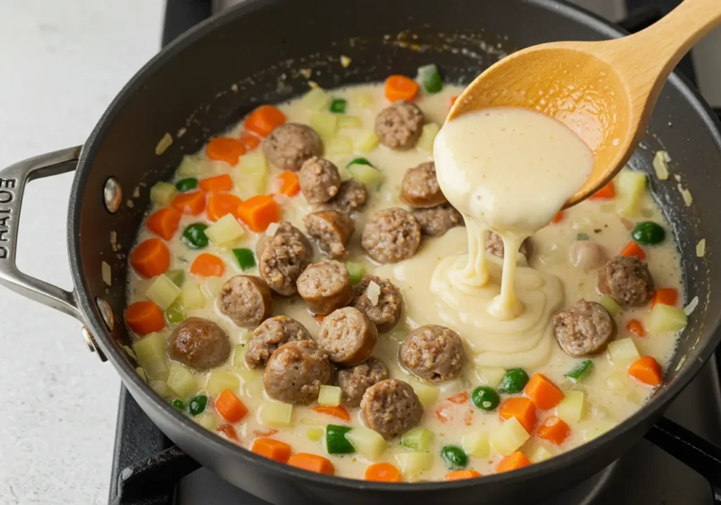 Golden-browned Italian sausage sizzling in a pot, with diced carrots, onions, and celery added in. Steam rises as the veggies soften, creating a flavorful base for creamy Parmesan soup.