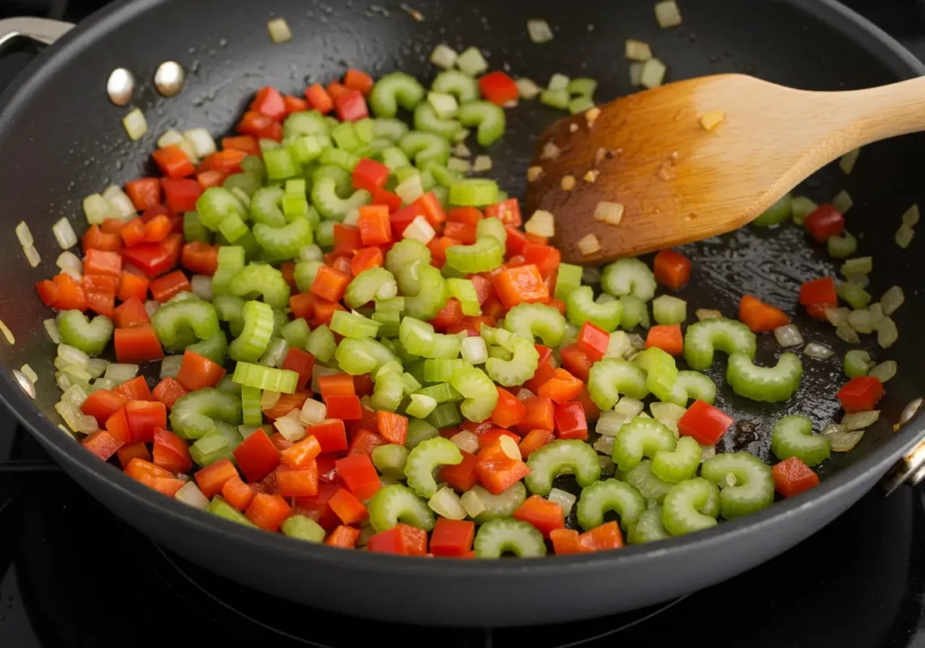 Onion, bell pepper, and celery being sautéed in olive oil for dirty rice