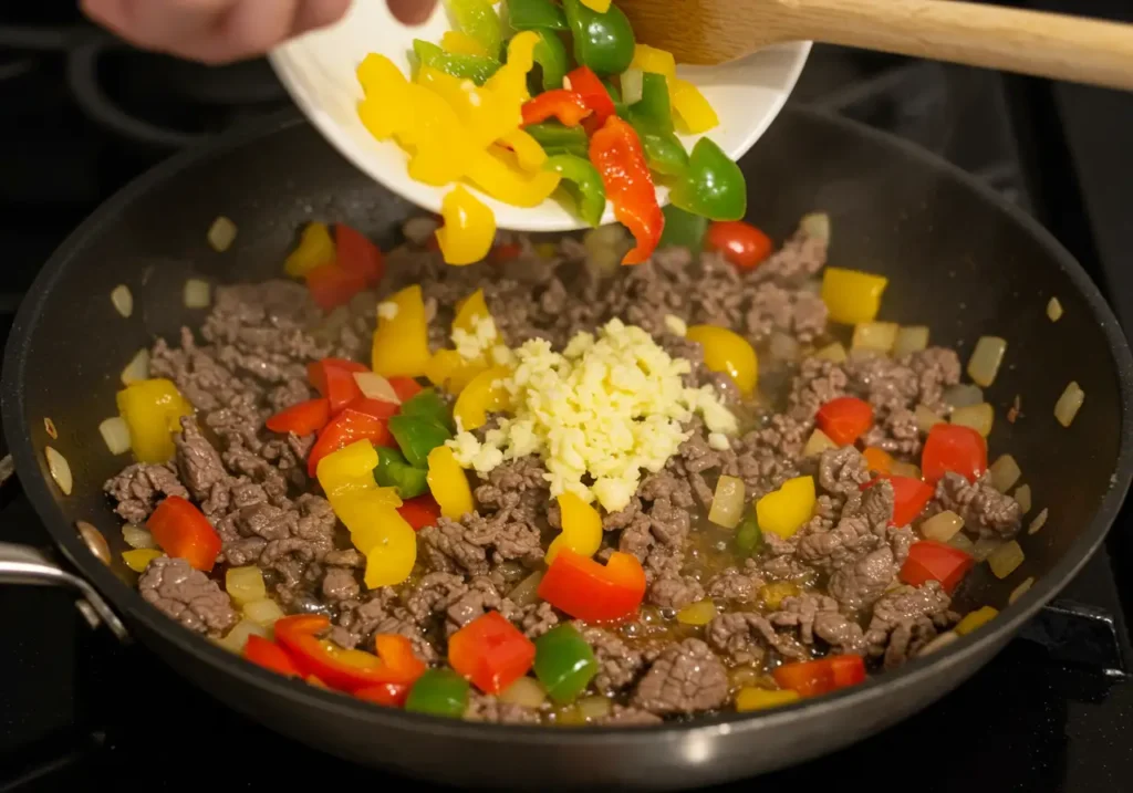 Chopped onion, bell pepper, and minced garlic sautéing in a skillet until fragrant and soft.