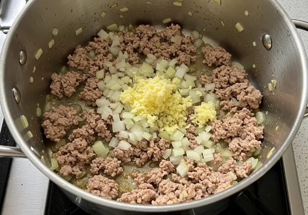 Sautéing ground meat in a large pot over medium heat until perfectly browned.