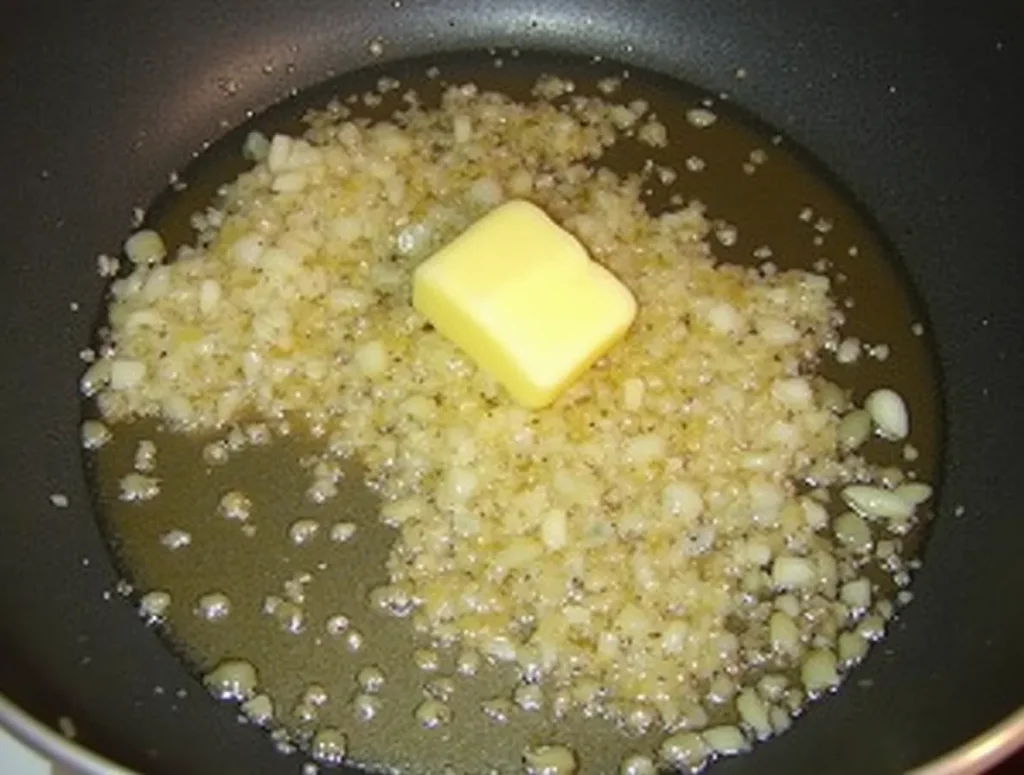 Shallots and garlic sautéing in melted butter in a medium pan.