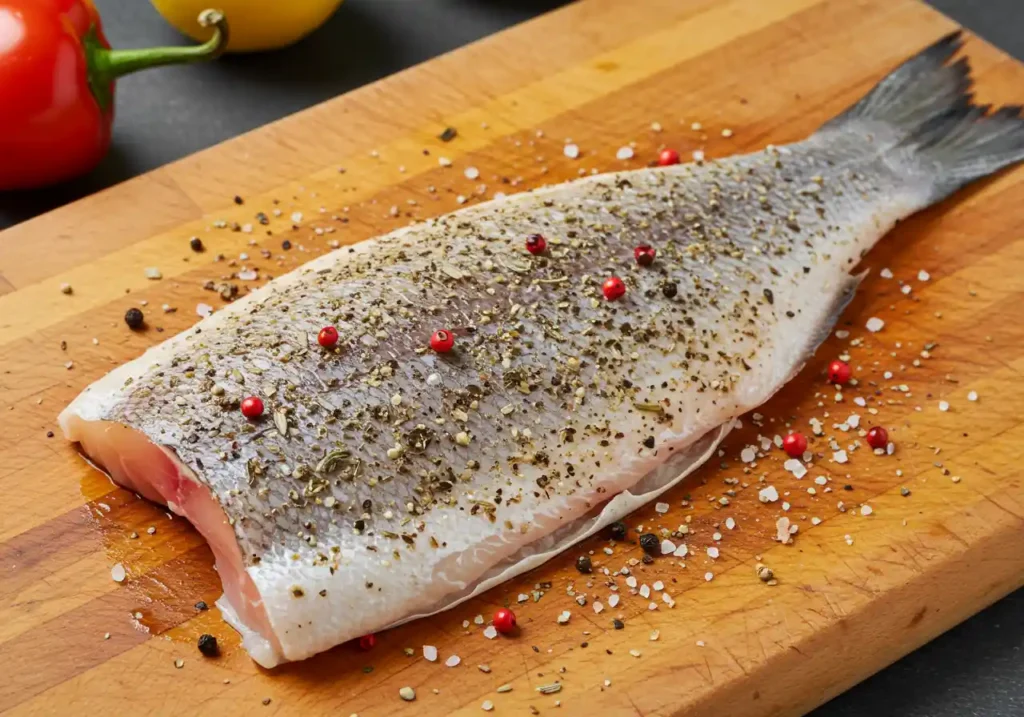 Fresh fish fillet seasoned with salt, pepper, and herbs, with a squeeze of lemon juice for added zest.