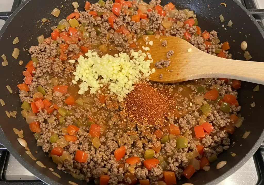 Cajun seasoning, minced garlic, and rice added to beef and vegetable mixture in a skillet.