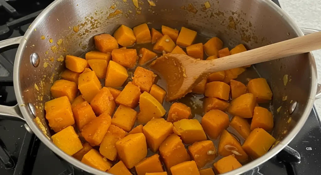 Chunks of squash being gently folded into a pot of fragrant, spiced tomato mixture, with vegetable broth poured in to create a rich simmer.