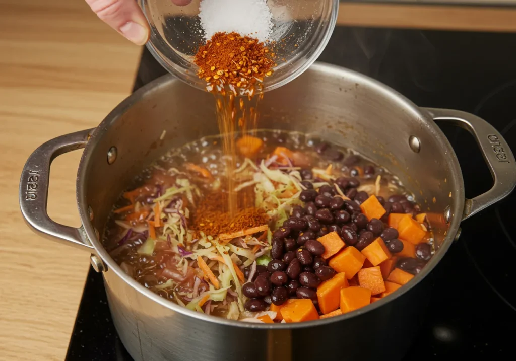 A pot on the stove with black beans, shredded cabbage or sweet potatoes, and broth simmering.