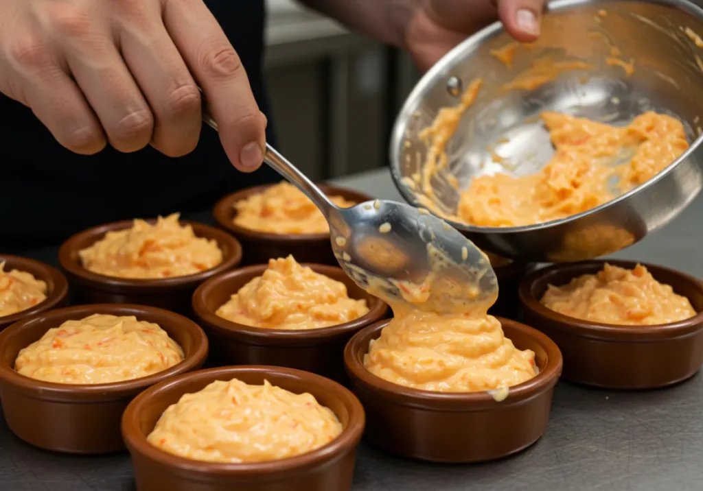 Spoonfuls of crab mixture being evenly distributed into ramekins, ready for baking.