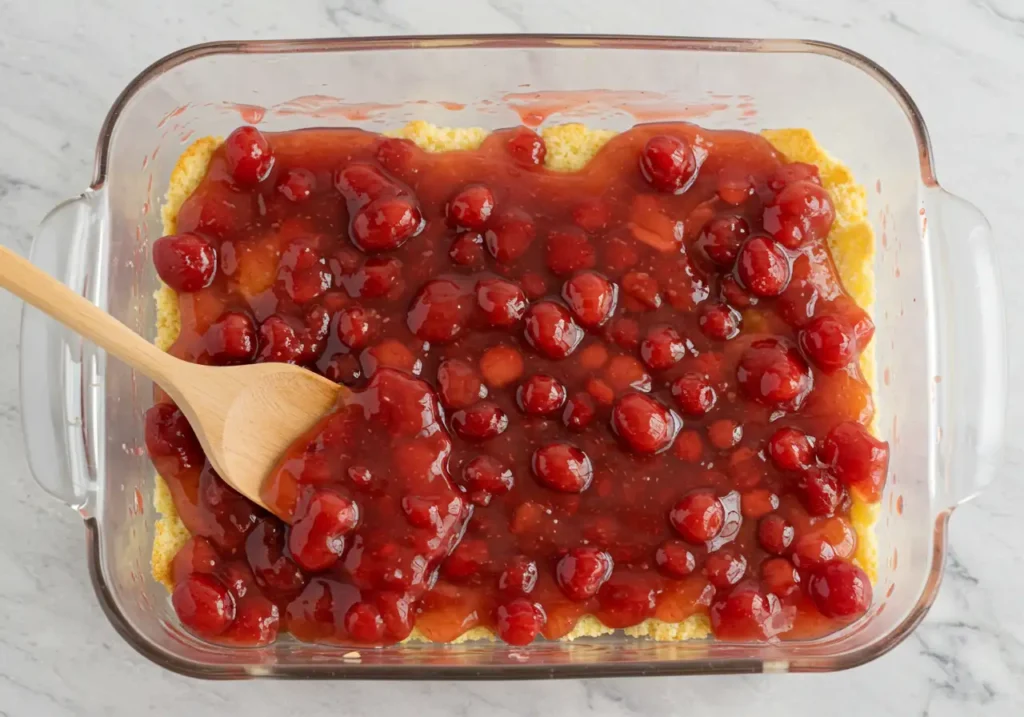 Spreading a layer of strawberry pie filling evenly across the bottom of a baking dish to create the base of a strawberry cheesecake dump cake.