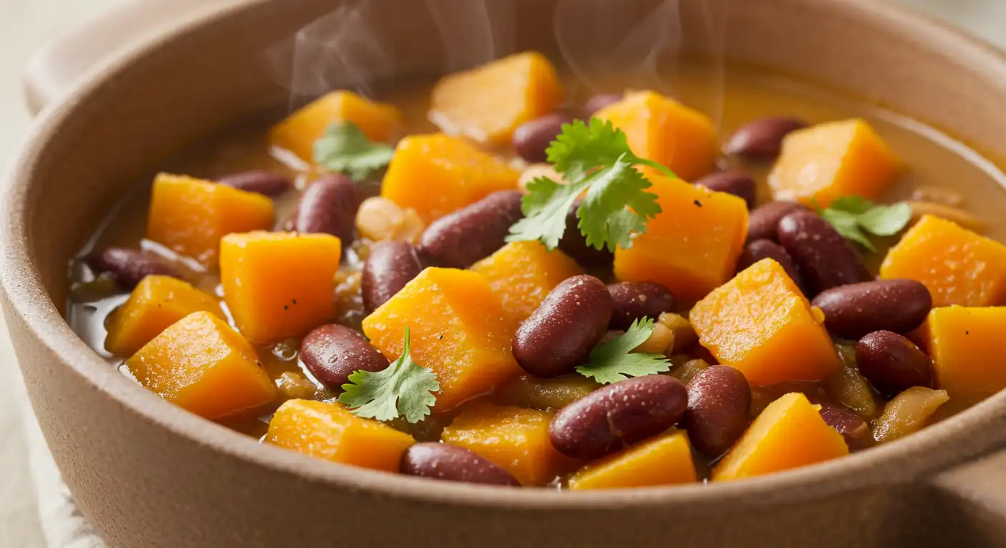 A hearty bowl of squash and kidney beans simmered together, showcasing tender chunks of squash and vibrant kidney beans in a flavorful broth.