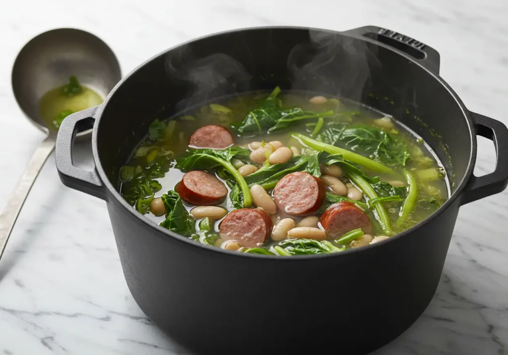 Turnip green soup with sausage and beans cooked in a cast-iron pot, resting on a marble kitchen counter.