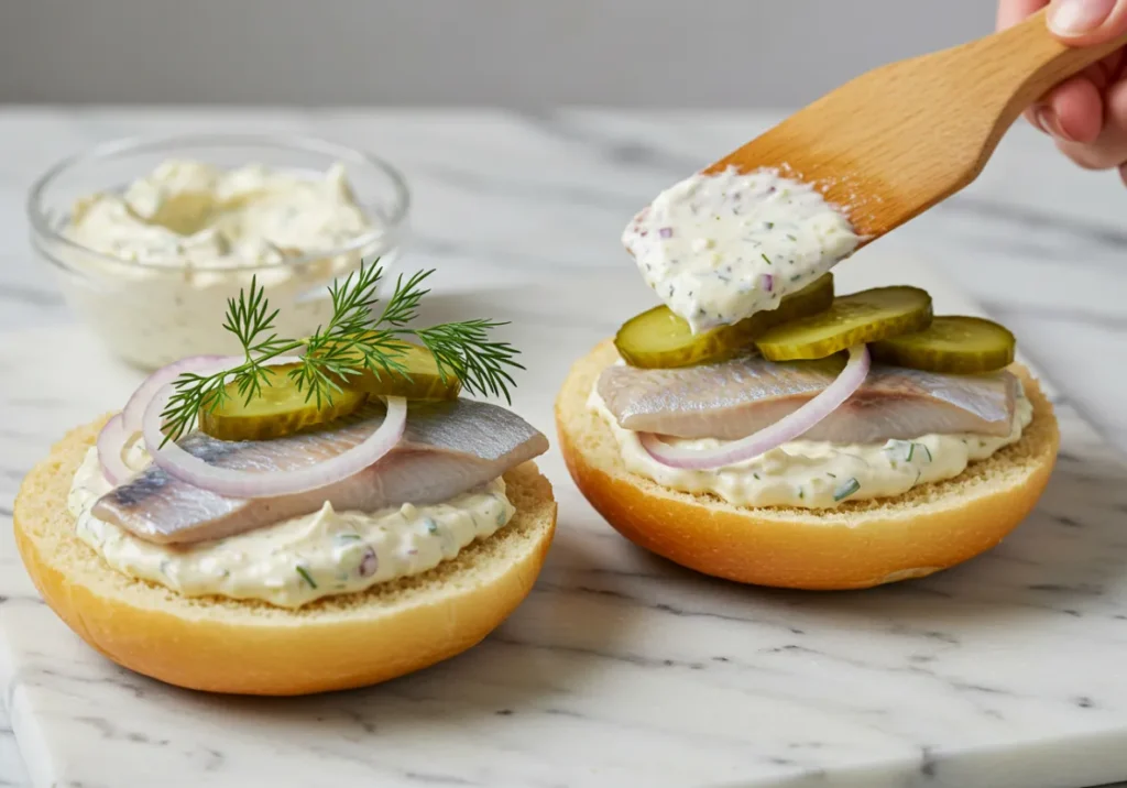 Assembly of Matjesbrötchen sandwich with fresh Matjes herring, thinly sliced onions, pickles, and remoulade.