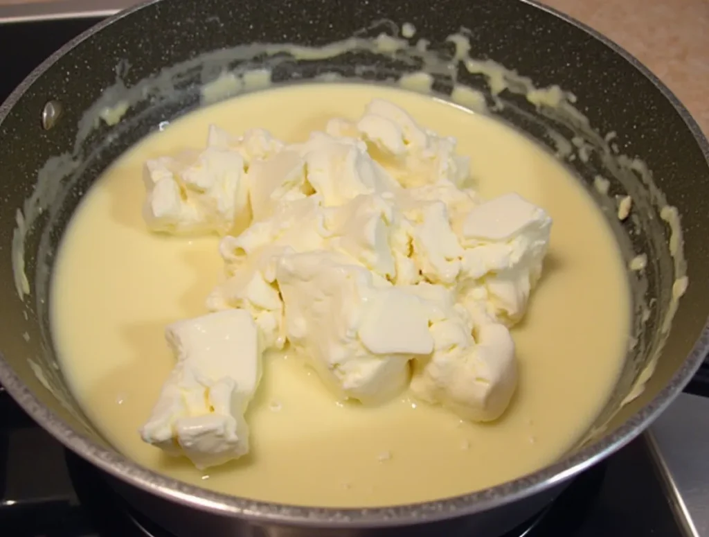 Heavy cream and cream cheese being stirred into a pan to create a smooth and creamy mixture.