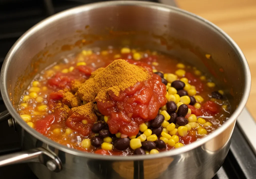 Stirring taco seasoning, black beans, corn, diced tomatoes, and broth into a simmering pot of taco soup.