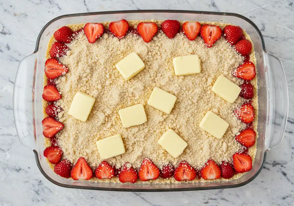 Pouring cake mix over the strawberry pie filling, followed by slices of butter for a perfect dump cake topping.