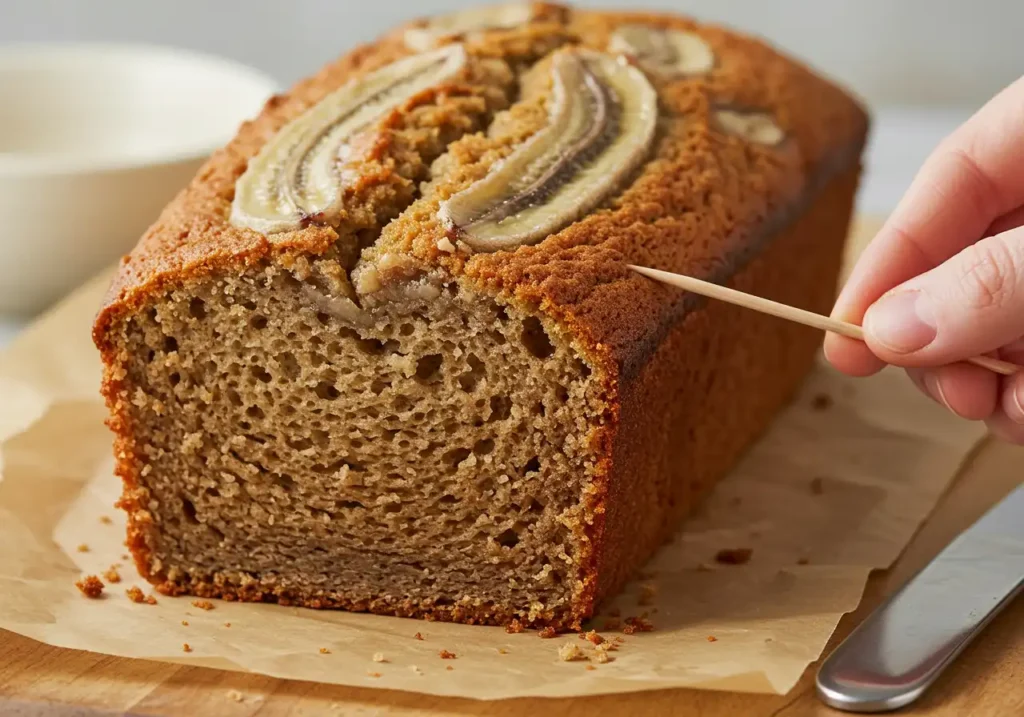 A toothpick being inserted into the center of a banana bread loaf to check for doneness, with a clean toothpick indicating it’s ready.