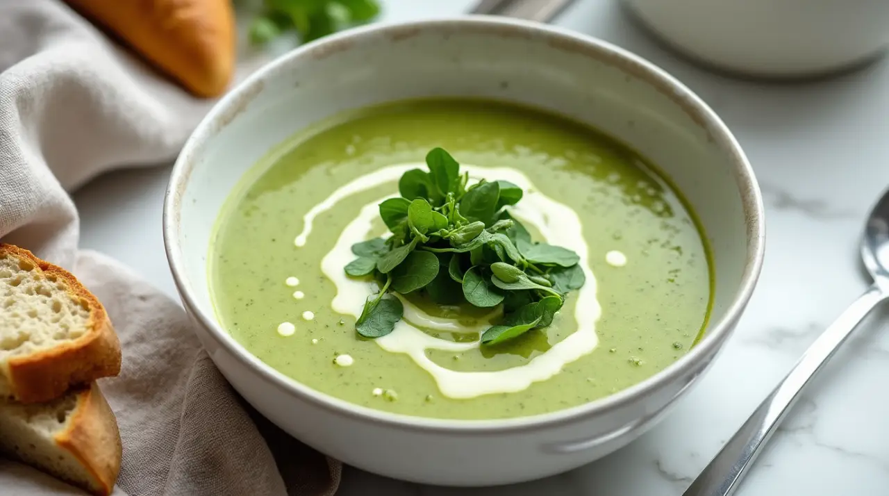 Turnip green soup served in a white bowl on a marble surface, garnished with greens, and swirls of cream.