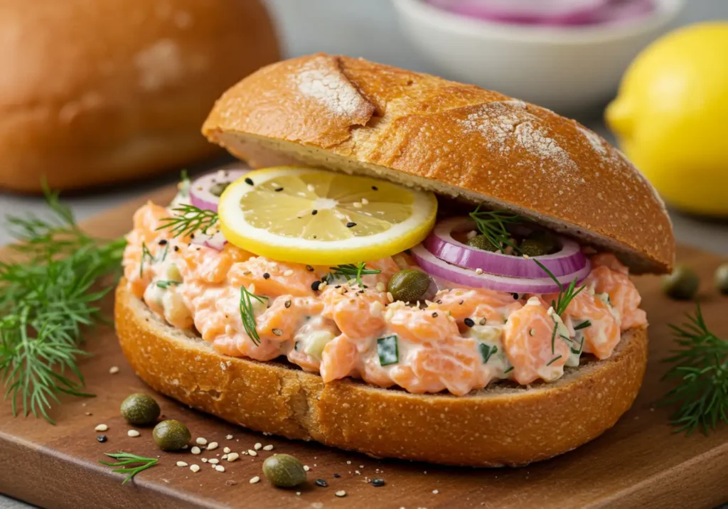 A hearty canned salmon sandwich with crisp lettuce, sliced tomatoes, and a creamy herb spread on toasted whole-grain bread, served with a side of pickles.