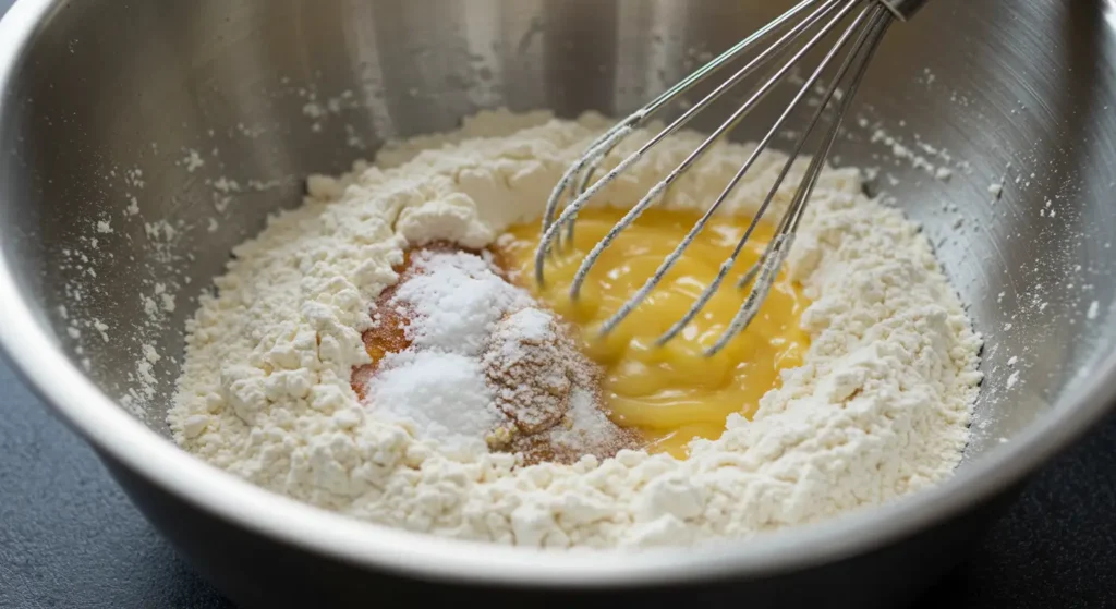 Flour, baking soda, baking powder, and salt being whisked together in a medium bowl.