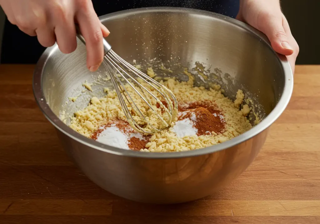 A large bowl filled with almond flour, baking soda, cinnamon, and salt, whisked together to form a dry mixture.