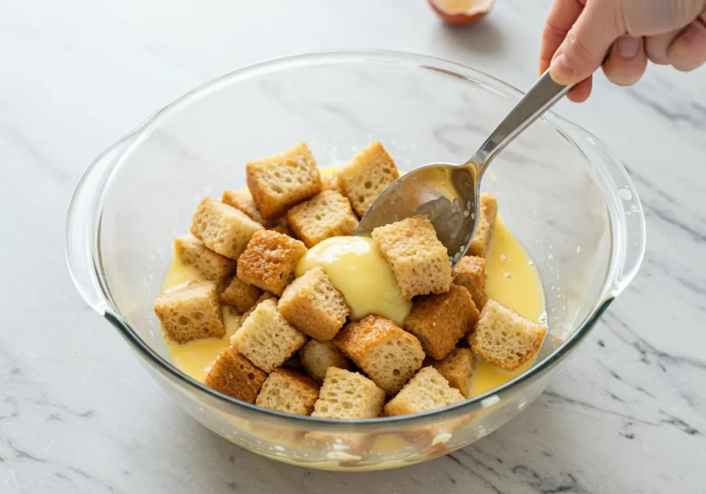 A mixing bowl with whisked custard ingredients: eggs, milk, heavy cream, vanilla extract, cinnamon, and sugar. The mixture is being poured over bread cubes in a large bowl, ready to soak.