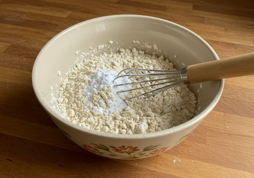 Whisking flour, baking powder, and salt together in a small bowl for baking preparation.